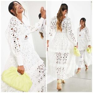 ASOS EDITION v neck eyelet midi dress with puff sleeve in white Size 2 NWT